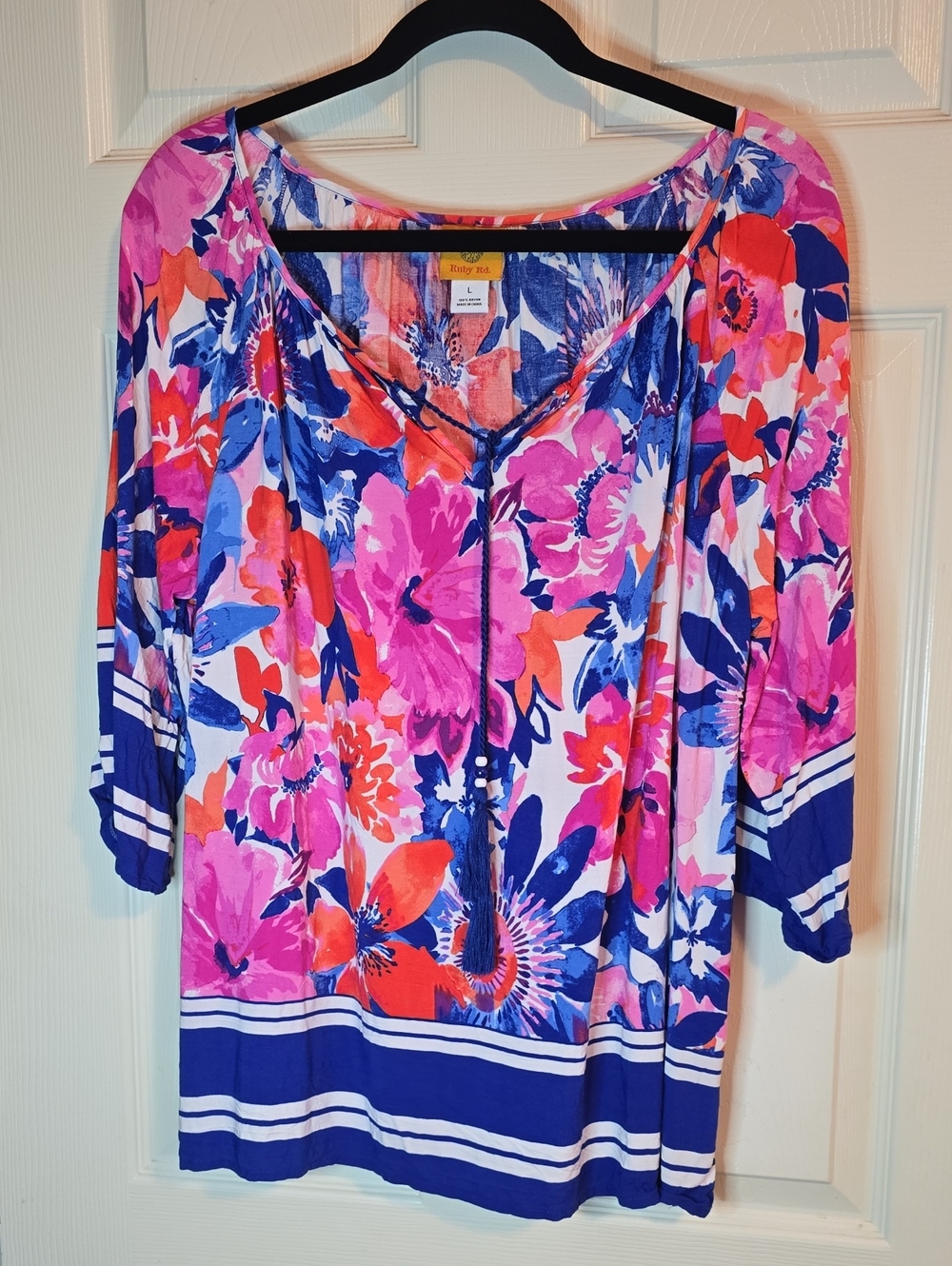 Ruby Rd. Floral V-Neck Tassel Tunic in Pink, Blue & Orange